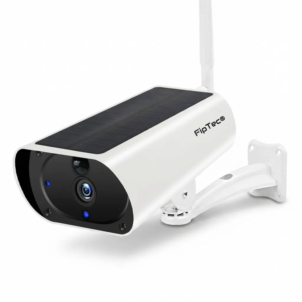 Бяла безжична соларна камера FipTec с вграден соларен панел и антена, представена на чист бял фон, осигуряваща надеждна автономна защита и пълно спокойствие за вашия дом.