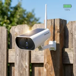 Бяла соларна безжична камера FipTec, монтирана на дървена ограда под ярко слънце, с графичен индикатор за 100% батерия, осигуряваща надеждна автономна защита и пълно спокойствие за вашия имот.
