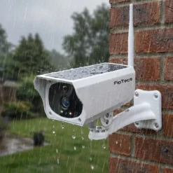 Външна безжична соларна камера FipTec, монтирана на тухлена стена под дъжд, демонстрираща своята безкомпромисна водоустойчивост и надеждна защита за вашия дом и пълно спокойствие при всяко време.