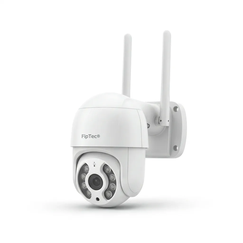 Бяла въртяща се безжична WiFi камера FipTec с две антени за външно видеонаблюдение на чист фон, осигуряваща надеждна защита и пълно спокойствие за вашия дом и семейство.