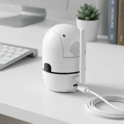 Бяла вътрешна Wi-Fi камера FipTec, свързана с Micro-USB кабел за захранване върху бяло бюро. Компактният дизайн предлага дискретна охрана и сигурност за дома, гарантирайки ви ежедневно спокойствие и лесен контрол.