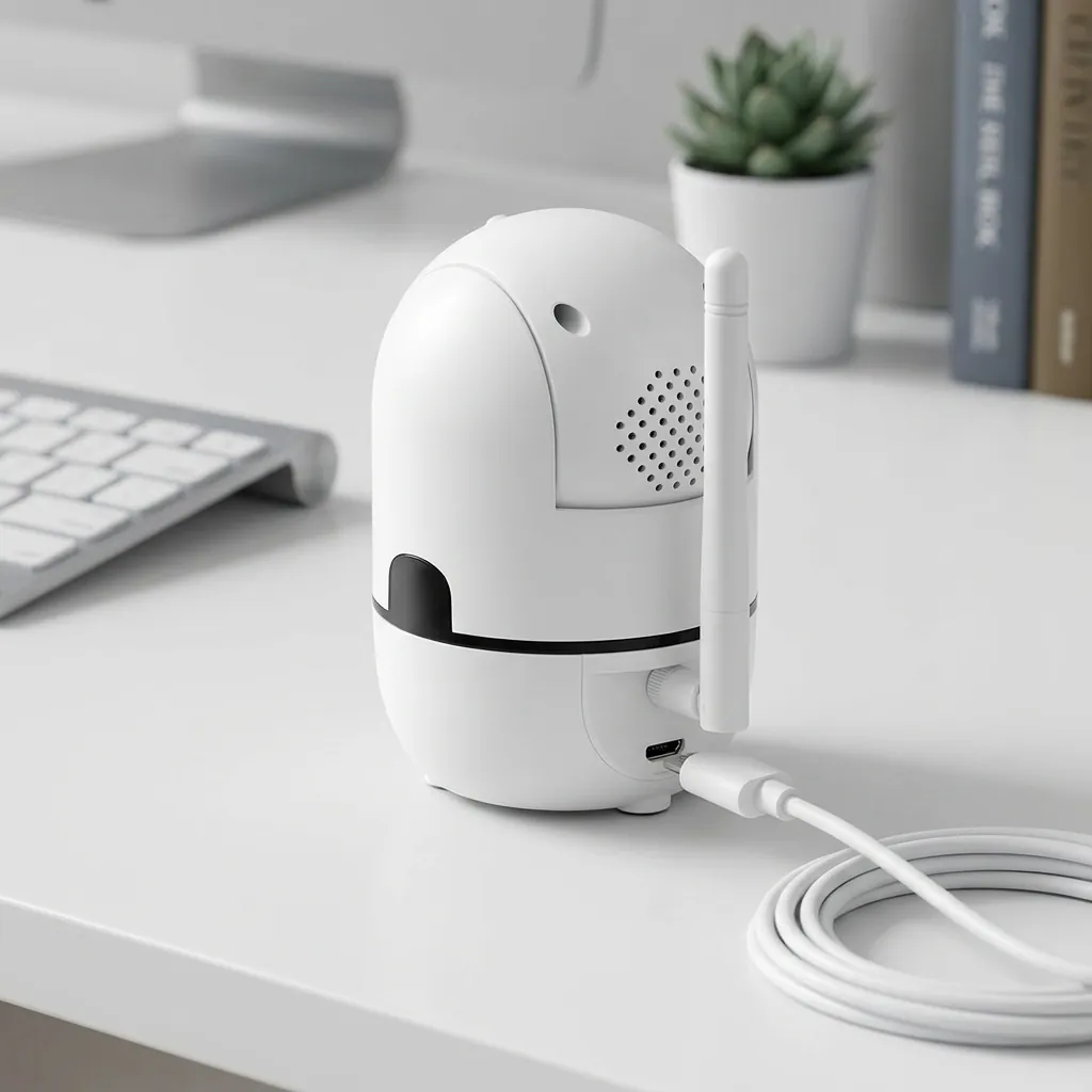 Бяла вътрешна Wi-Fi камера FipTec, свързана с Micro-USB кабел за захранване върху бяло бюро. Компактният дизайн предлага дискретна охрана и сигурност за дома, гарантирайки ви ежедневно спокойствие и лесен контрол.