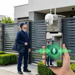 Външна WiFi камера FipTec с двупосочно аудио позволява на собственик да говори с куриер през телефона си, осигурявайки лесен контрол и пълна сигурност за дома и имуществото.