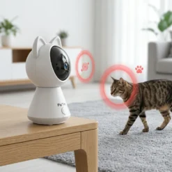 Бяла смарт камера FipTec с ушички, която автоматично проследява движението на котка в хола чрез интелигентни сензори. Осигурете си дискретна сигурност и лесен контрол за вашето пълно спокойствие.