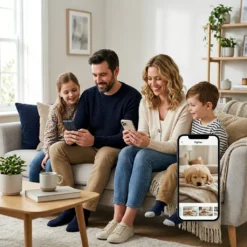 Щастливо семейство на диван гледа записи от камера FipTec на смартфони, наблюдаващо своя домашен любимец за споделена защита, гарантираща лесен контрол и пълно спокойствие за целия дом.