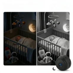 Сравнение на изгледа от мини WiFi камера в бебешка стая през деня и нощта, показващо кристално чиста картина и надеждна защита за вашето бебе, осигурявайки ви пълно спокойствие.