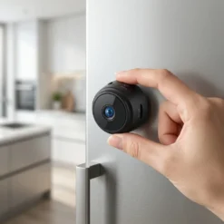 Ръка поставя малка черна мини WiFi камера върху металната повърхност на хладилник в кухня, демонстрирайки лесното магнитно закрепване за надеждна дискретна защита и вашето пълно спокойствие.