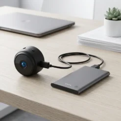Черна мини WiFi камера, свързана чрез USB кабел към тънка сива външна батерия (power bank) върху дървено бюро, осигуряваща дълготрайна работа, надеждна защита и пълно спокойствие за вашия дом или офис.