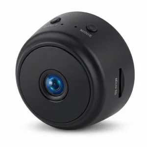 Компактна черна мини WiFi камера със слот за Micro SD карта, бутони за включване и режим, представена на чист бял фон, идеална за дискретно наблюдение, надеждна защита и вашето пълно спокойствие.