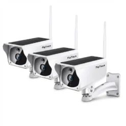 Комплект от три бели безжични соларни камери FipTec на бял фон, идеални за изграждане на цялостна система за видеонаблюдение, надеждна защита и пълно спокойствие за вашия имот.