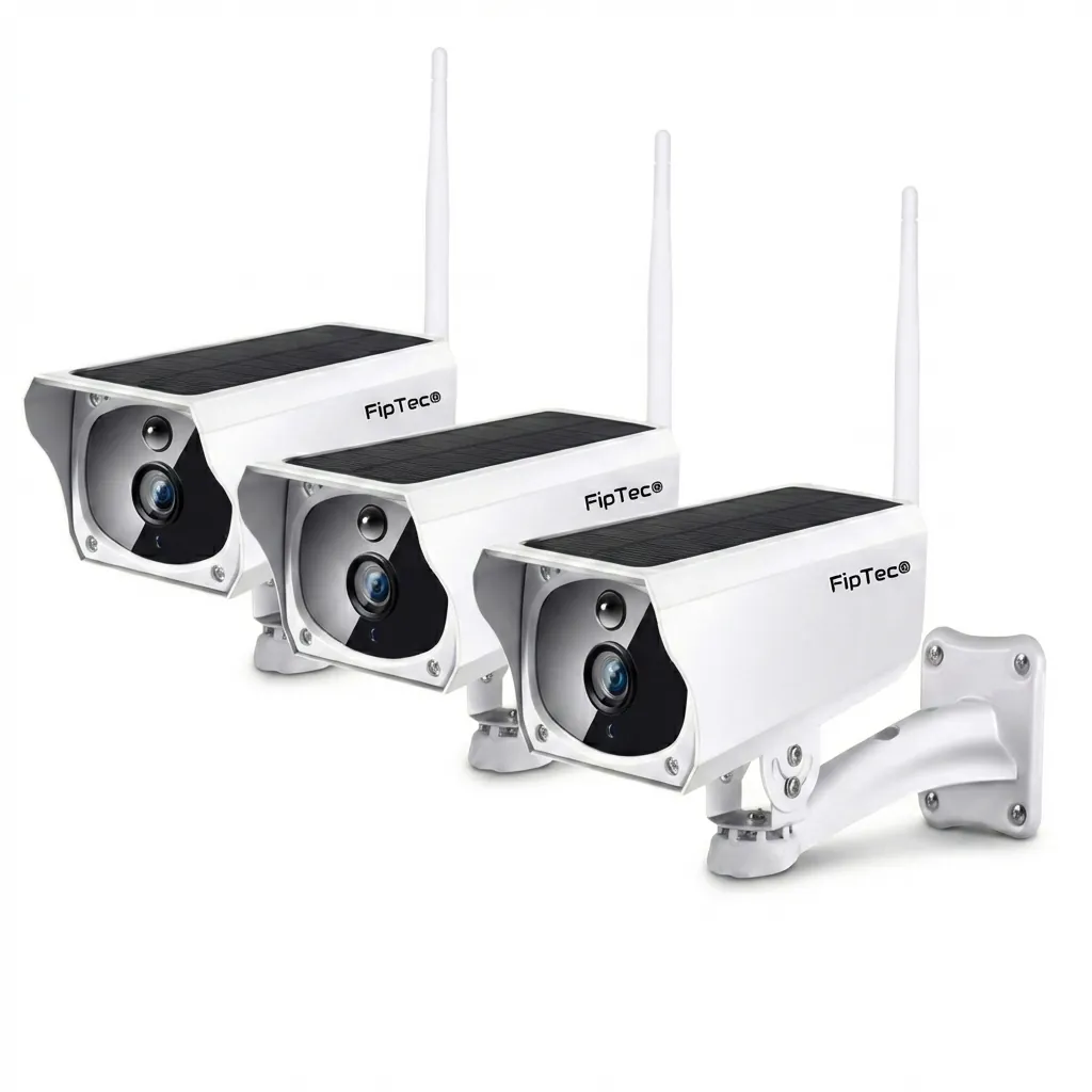 Комплект от три бели безжични соларни камери FipTec на бял фон, идеални за изграждане на цялостна система за видеонаблюдение, надеждна защита и пълно спокойствие за вашия имот.