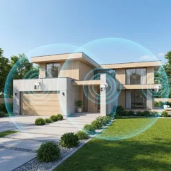 Три външни Wi-Fi камери FipTec LO12 Pro, монтирани върху фасадата на модерна къща, показващи обхвата на сигнала за цялостна защита на имота и Вашето пълно спокойствие.