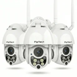 Комплект от три бели външни Wi-Fi камери FipTec LO12 Pro на чист бял фон, предоставящи цялостна защита и сигурност за Вашето имущество с лесен контрол и пълно спокойствие.