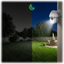 Външна Wi-Fi камера FipTec LO12 Pro демонстрира разликата между инфрачервено и цветно нощно виждане в задния двор, осигурявайки детайлна защита и пълно спокойствие за Вашата семейна сигурност.