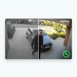 Сравнение между ниска разделителна способност и кристално HD качество от външна камера FipTec LO12 Pro, показващо ясни детайли на двора за надеждна защита и пълно спокойствие.