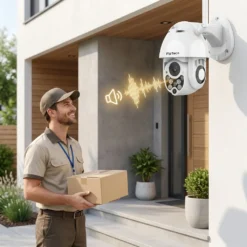 Външна WiFi камера FipTec LO12 Pro, монтирана пред входна врата, позволяваща двупосочна аудио комуникация с куриер за удобство, сигурност и лесен контрол на Вашите пратки и дом.