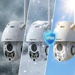 Външна Wi-Fi камера FipTec LO12 Pro, показана при дъжд, сняг и силно слънце със сертификат IP66, осигуряваща надеждна целогодишна защита и пълно спокойствие за сигурността на Вашия дом.