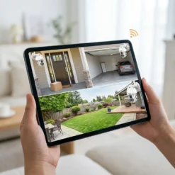Ръце на потребител държат таблет с приложението на FipTec, показващо едновременно изглед от три различни зони на имота за пълна дистанционна защита, сигурност и лесен контрол.