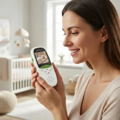 Щастлива майка наблюдава спящото си дете чрез родителския монитор на смарт бебефон FipTec в светла стая. Осигурете си надеждна защита и пълно спокойствие с лесен контрол от всяко място.