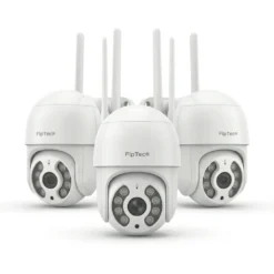 Комплект от три бели въртящи се WiFi камери FipTec на изчистен бял фон, предлагащи цялостна защита и дискретна сигурност за Вашия дом, гарантиращи пълно спокойствие за цялото семейство.