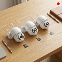 Три бели безжични WiFi камери FipTec, подредени на дървена маса заедно с три MicroSD карти за локален запис, предоставяйки лесен контрол и надеждна защита за вашето семейно спокойствие.