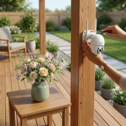 Жена монтира бяла външна WiFi камера FipTec върху дървена греда на веранда за лесна самоинсталация, осигуряваща надеждна защита и пълно спокойствие за вашето семейство и дом.