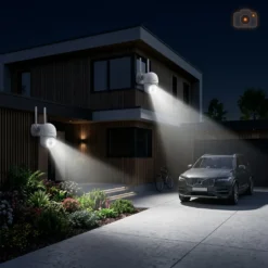Две външни WiFi камери FipTec с вградени прожектори осветяват двора и паркирания автомобил пред модерна къща през нощта, осигурявайки надеждна защита и пълно спокойствие за вашето семейство.