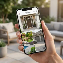 Смартфон с приложението FipTec, показващ едновременно изгледи от входната врата, градината и гаража за цялостна защита, предлагайки лесен контрол и пълно спокойствие за вашия имот.
