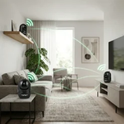 Три черни WiFi камери FipTec LV06B са разположени в модерна дневна със зелени графики за безжичен сигнал, предлагащи цялостна защита и дискретна сигурност за Вашето спокойствие.