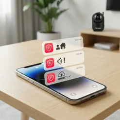 Смартфон на дървена маса показва смарт известия от FipTec за движение и звук, докато безжичната камера осигурява надеждна защита и дискретна сигурност за Вашето пълно спокойствие.