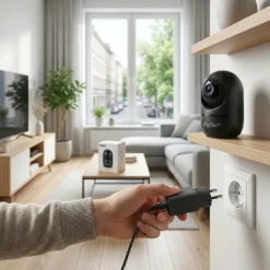 Ръка включва захранването на черна WiFi камера FipTec LV06B в контакт под дървен рафт в светла дневна, предлагайки лесна DIY защита и дискретна сигурност за дома.