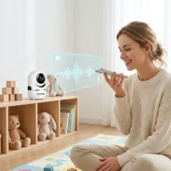 Усмихната майка в детска стая, използваща функцията за двупосочно аудио на бяла вътрешна смарт WiFi камера FipTec чрез своя смартфон. Осигурете си надеждна охрана и интелигентна сигурност за вашето пълно спокойствие чрез лесна гласова връзка с вашето дете по всяко време.