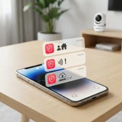 Смартфон на дървена маса, илюстриращ различни смарт известия за засичане на движение и облачен запис от вътрешна смарт WiFi камера FipTec. Осигурете си надеждна охрана и интелигентна сигурност за вашето пълно спокойствие чрез постоянна връзка с дома си и мигновена информация за всяко събитие директно на мобилния ви телефон.