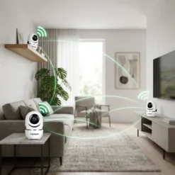 Три бели вътрешни смарт WiFi камери FipTec, разположени стратегически в хол за осигуряване на пълно мрежово покритие и свързаност. Осигурете си надеждна охрана и интелигентна сигурност за вашето пълно спокойствие чрез цялостна и лесна за управление система за видеонаблюдение на целия дом.