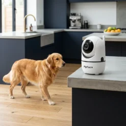Бяла вътрешна смарт WiFi камера FipTec, разположена върху кухненски плот, наблюдаваща движението на куче в модерна кухня. Осигурете си надеждна охрана и интелигентна сигурност за вашето пълно спокойствие чрез постоянен мониторинг на вашия дом и домашни любимци.