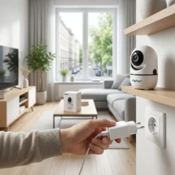 Ръка, включваща захранващ адаптер в контакт за бяла вътрешна смарт WiFi камера FipTec, разположена на етажерка в модерен хол. Осигурете си надеждна охрана и интелигентна сигурност за вашето пълно спокойствие чрез бързо и лесно инсталиране на вашето домашно видеонаблюдение.