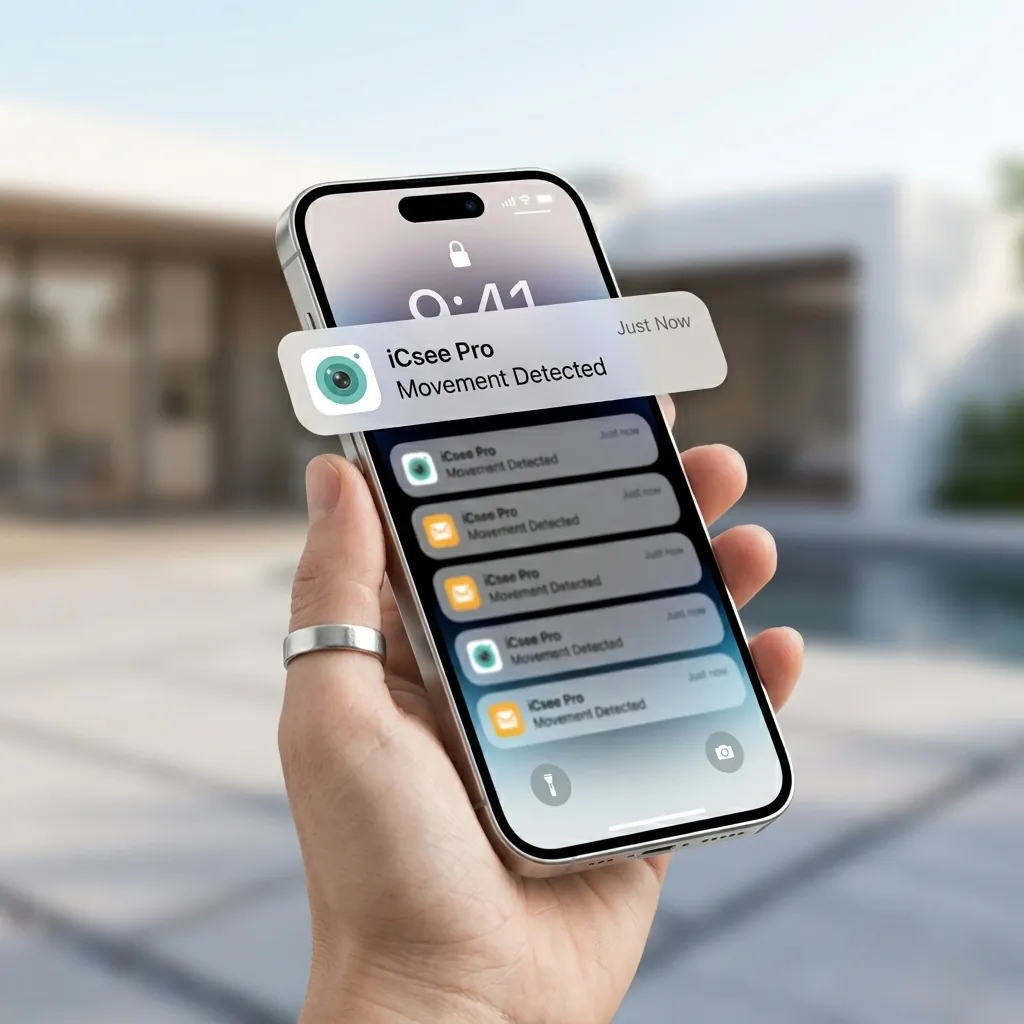Смартфон в ръка, показващ поредица от известия за засечено движение от приложението iCsee Pro за камери FipTec, гарантирайки незабавна реакция, надеждна защита и пълно спокойствие за вашия дом.