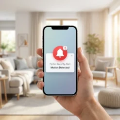 Смартфон в ръка, показващ известие за засечено движение от система за сигурност FipTec в модерен хол, осигуряващ незабавна реакция, надеждна защита и пълно спокойствие за вашия дом.