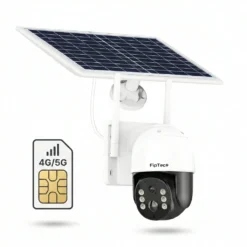 Бяла безжична соларна камера FipTec с поддръжка на 4G/5G SIM карта и соларен панел на бял фон, осигуряваща надеждна автономна защита и пълно спокойствие за вашия имот, дори на места без WiFi покритие.