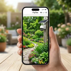 Смартфон показва детайлна 2K картина от безжична соларна камера FipTec, насочена към цветна градина, предоставяйки лесен контрол, надеждна защита и пълно спокойствие за собствениците.