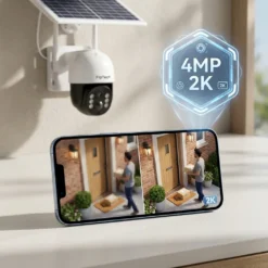 Сравнение на екрана на смартфон между ниска резолюция и кристално чиста 4MP 2K картина от соларна WiFi камера FipTec, осигуряваща детайлно видеонаблюдение, надеждна защита и пълно спокойствие за вашия дом.