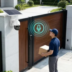 Външна безжична соларна камера FipTec с функция за двупосочно аудио, позволяваща комуникация с куриер пред портата на дома, осигурявайки надеждна защита и пълно спокойствие за вашето семейство.