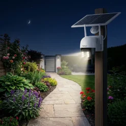 Външна безжична соларна камера FipTec с активирано мощно осветление, обхващащо градинска алея и цветни лехи през нощта, гарантирайки надеждна защита и пълно спокойствие за вашия дом и семейство.