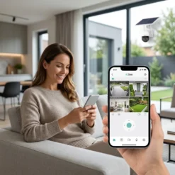 Усмихната жена разглежда камерите си през приложението iCSee на смартфона си, докато седи на дивана, демонстрирайки удобството и сигурността, предоставени от соларните WiFi камери FipTec за пълно спокойствие у дома.