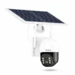 Бяла безжична соларна камера FipTec с голям интегриран соларен панел на бял фон, осигуряваща енергийна независимост и надеждна защита за вашия дом и пълно спокойствие.