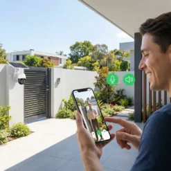 Усмихнат мъж разговаря с куриер чрез двупосочно аудио през смартфон, използвайки своята соларна WiFi камера FipTec за лесен контрол и надеждна защита на дома и вашето пълно спокойствие.