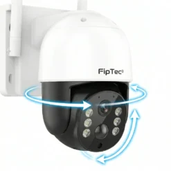 Близък план на външната PTZ камера FipTec на бял фон, където светещи сини стрелки илюстрират нейните възможности за хоризонтално въртене и вертикално накланяне, демонстрирайки пълно покритие на видеонаблюдението и надеждна защита за целия ви дом.