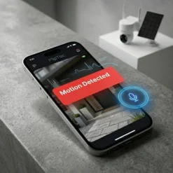 Смартфон с червено известие за засечено движение от приложението FipTec, представено до безжична соларна камера, гарантираща незабавна защита и пълно спокойствие за вашия дом и имущество.