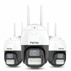 Комплект от три броя външни WiFi камери FipTec LO22 Pro 4MP с двойни антени и мощно осветление, осигуряващи надеждна защита и дискретна сигурност за пълно спокойствие и лесен контрол.
