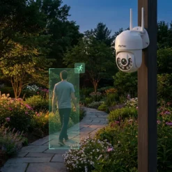 Външна 4K WiFi камера FipTec LO24 Max с интелигентно AI проследяване на движение в градина, осигуряваща надеждна охрана и пълно спокойствие за вашето семейство чрез лесен контрол и висока резолюция.